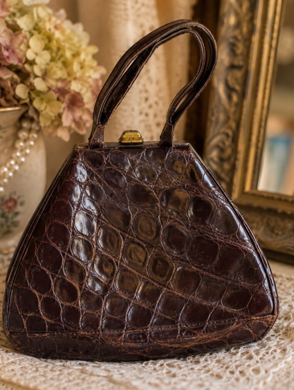 Vintage Genuine American Alligator Handbag Top Handle Purse 1950/1960s